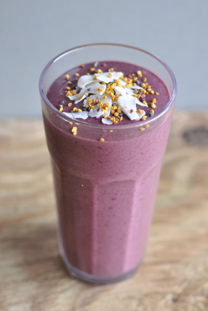 purple smoothie with hidden greens